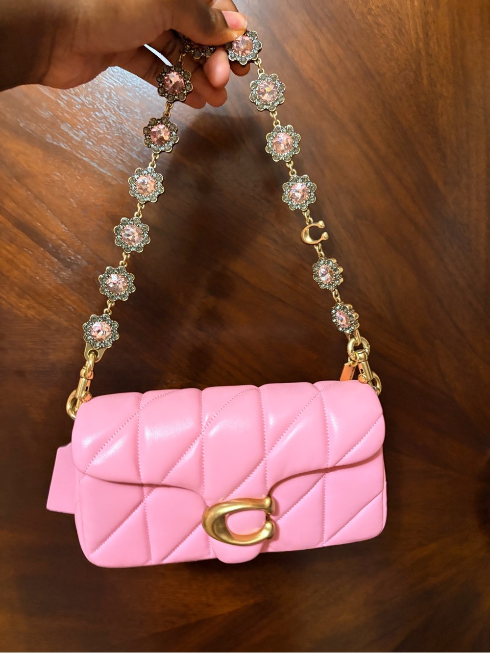 Coach Pink Quilted Shoulder Bag with Gold Floral Chain Strap